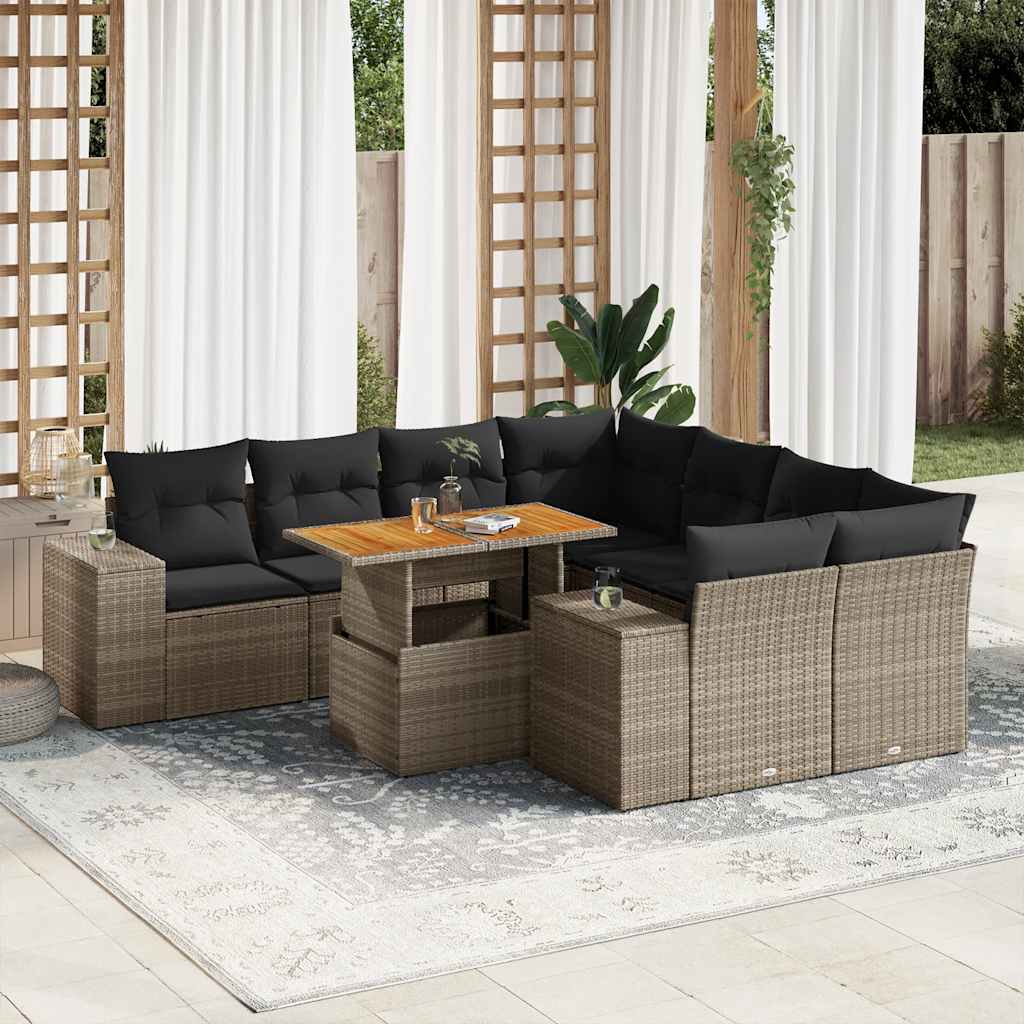 9-tlg. Garten-Sofagarnitur mit Kissen Schwarz Poly Rattan