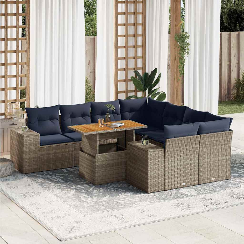 9-tlg. Garten-Sofagarnitur mit Kissen Schwarz Poly Rattan