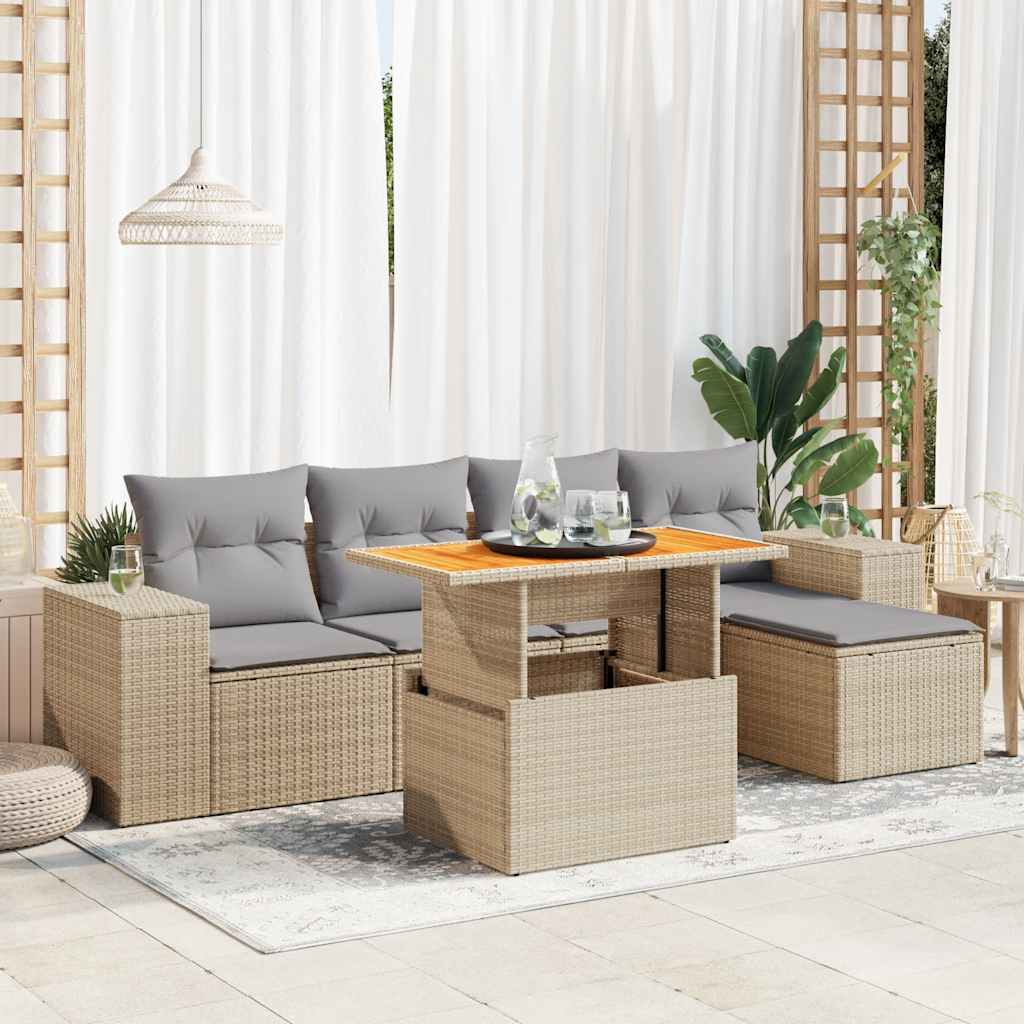 6-tlg. Garten-Sofagarnitur mit Kissen Schwarz Poly Rattan