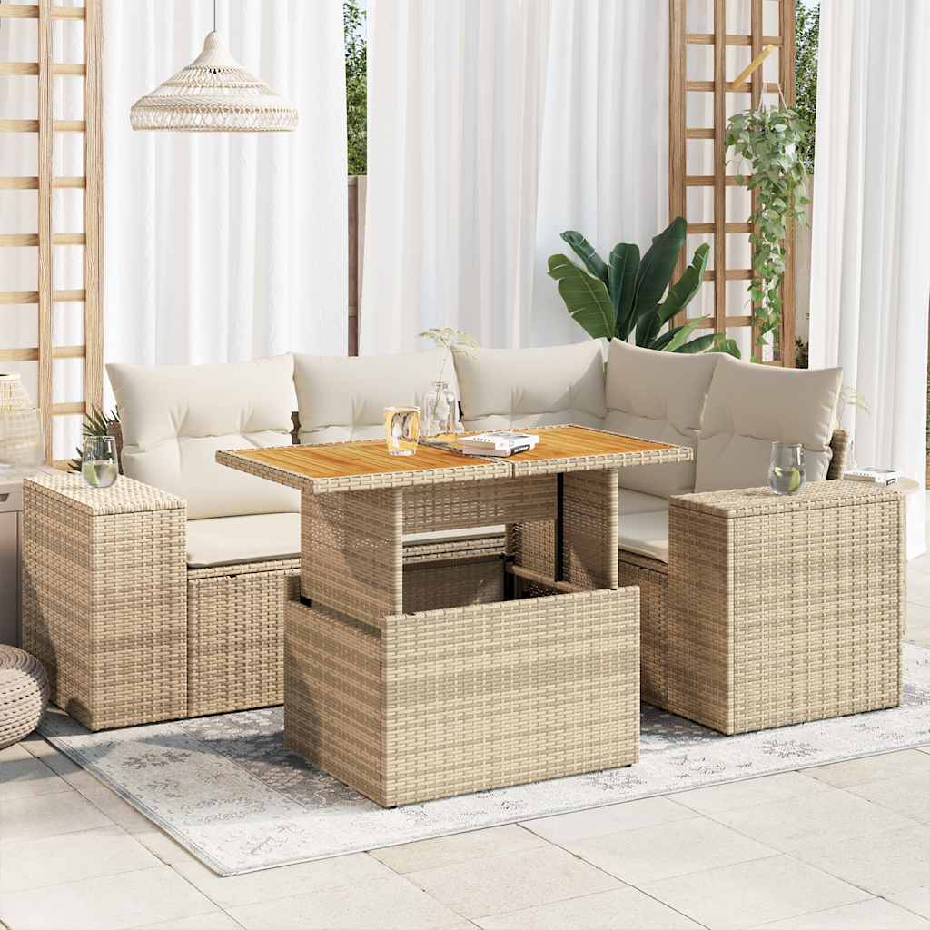 5-tlg. Garten-Sofagarnitur mit Kissen Schwarz Poly Rattan