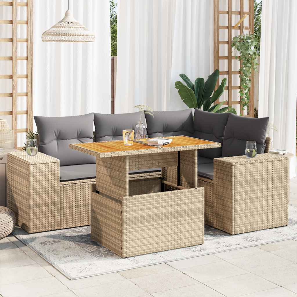5-tlg. Garten-Sofagarnitur mit Kissen Schwarz Poly Rattan