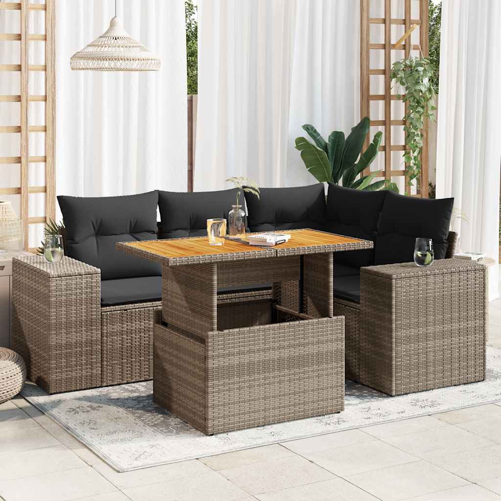 5-tlg. Garten-Sofagarnitur mit Kissen Schwarz Poly Rattan