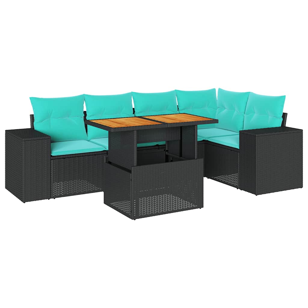 6-tlg. Garten-Sofagarnitur mit Kissen Schwarz Poly Rattan