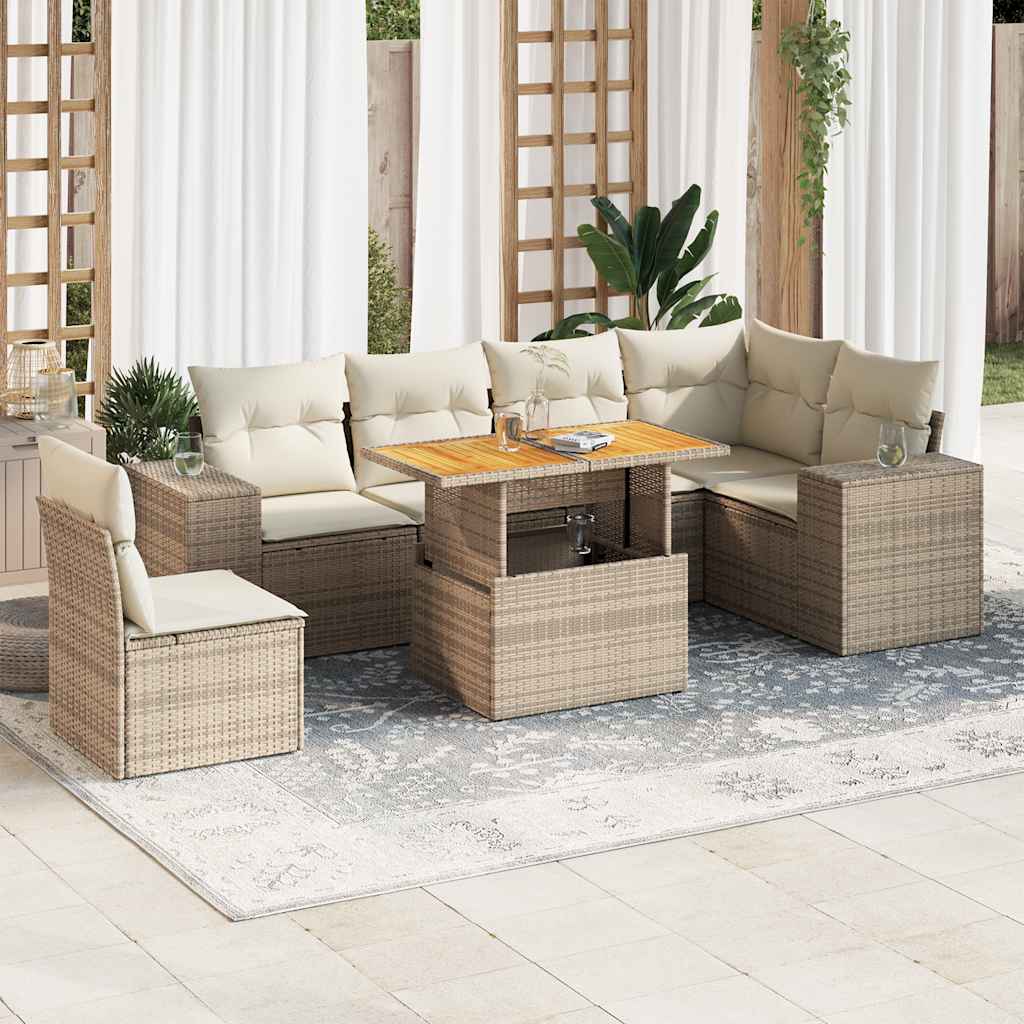 7-tlg. Garten-Sofagarnitur mit Kissen Schwarz Poly Rattan