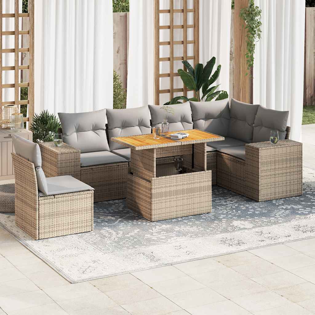 7-tlg. Garten-Sofagarnitur mit Kissen Schwarz Poly Rattan