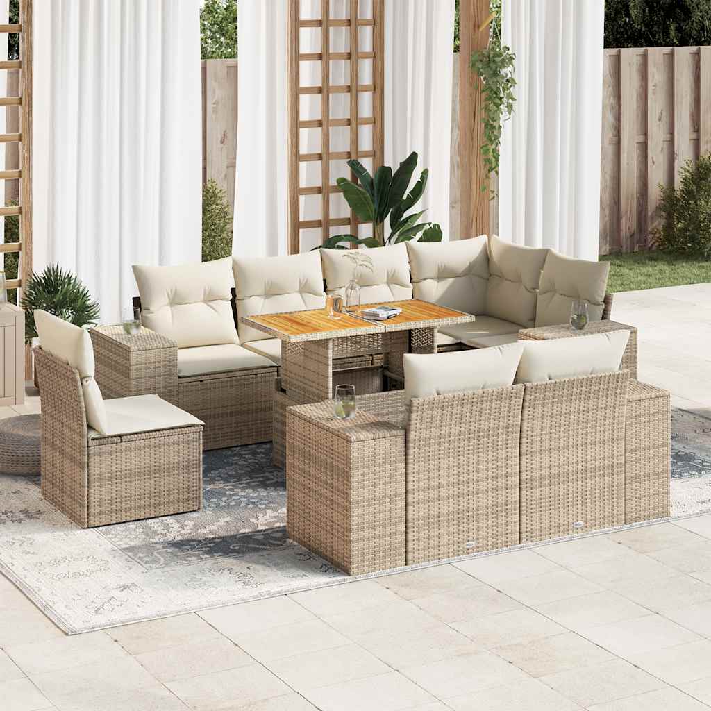 9-tlg. Garten-Sofagarnitur mit Kissen Schwarz Poly Rattan