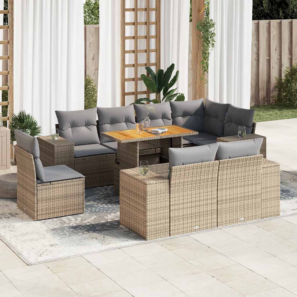 9-tlg. Garten-Sofagarnitur mit Kissen Schwarz Poly Rattan