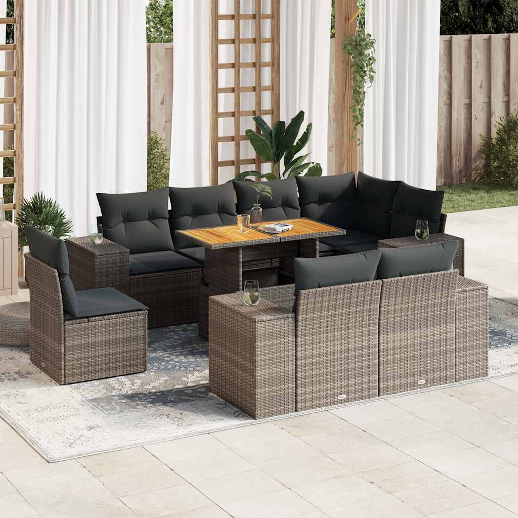 9-tlg. Garten-Sofagarnitur mit Kissen Schwarz Poly Rattan