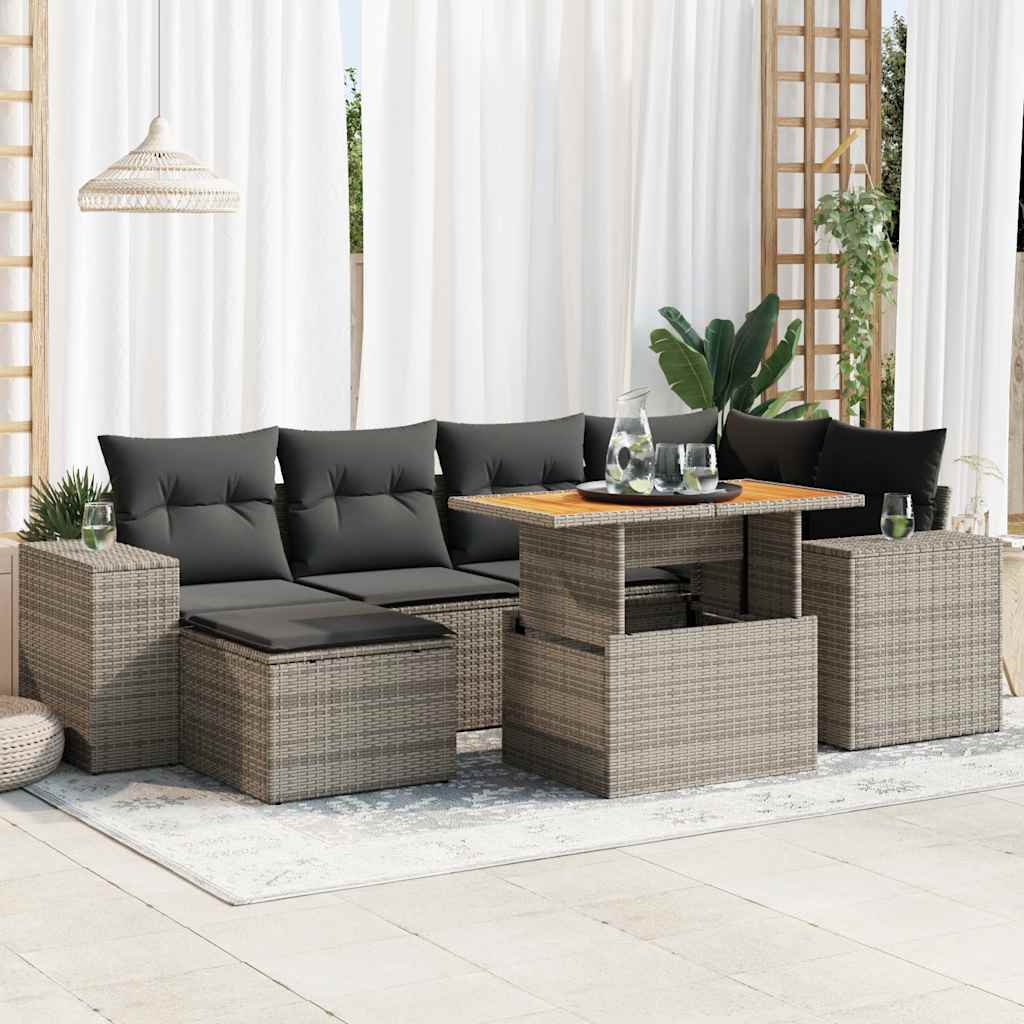 7-tlg. Garten-Sofagarnitur mit Kissen Schwarz Poly Rattan