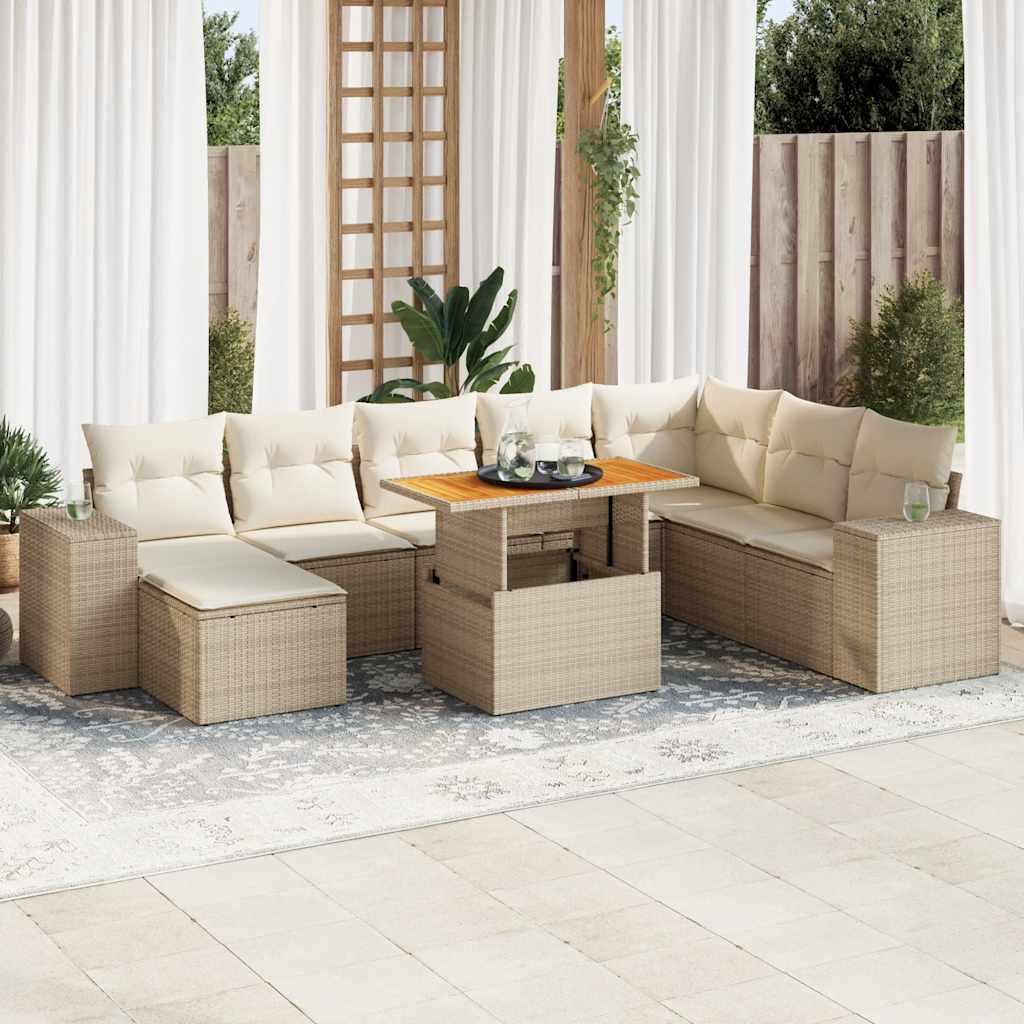 9-tlg. Garten-Sofagarnitur mit Kissen Schwarz Poly Rattan
