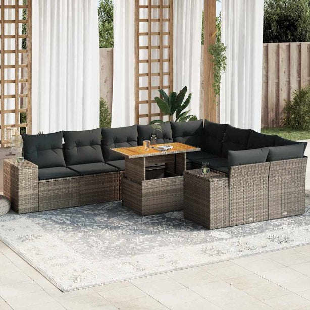 vidaXL 10-tlg. Garten-Sofagarnitur mit Kissen Schwarz Poly Rattan