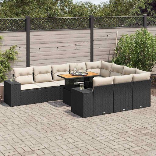 vidaXL 11-tlg. Garten-Sofagarnitur mit Kissen Schwarz Poly Rattan