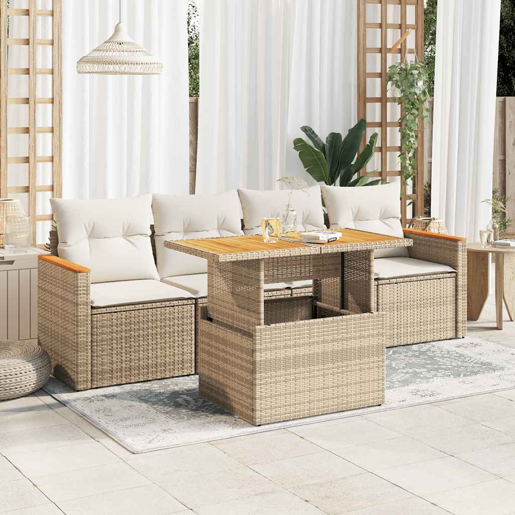 5-tlg. Garten-Sofagarnitur mit Kissen Schwarz Poly Rattan
