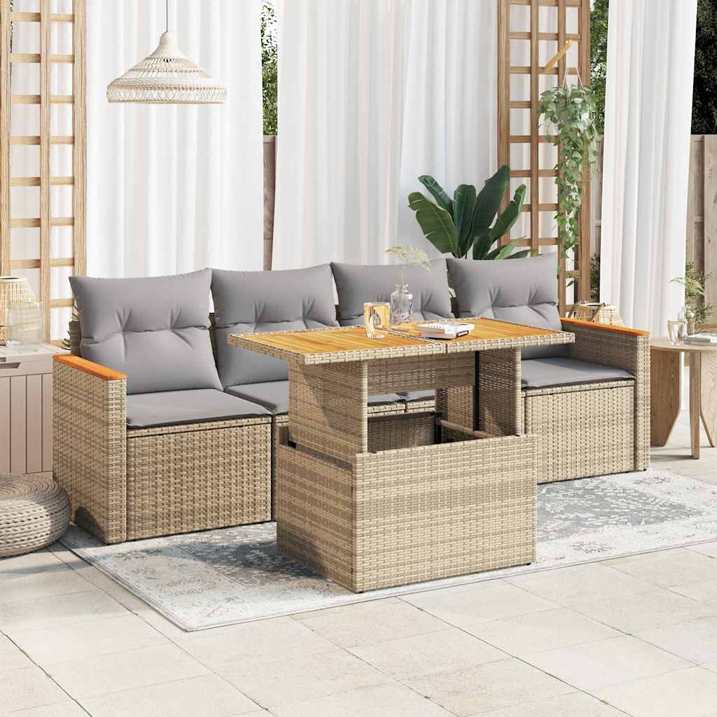 5-tlg. Garten-Sofagarnitur mit Kissen Schwarz Poly Rattan