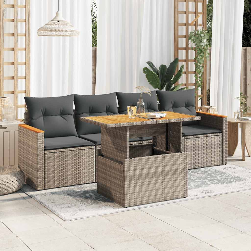 5-tlg. Garten-Sofagarnitur mit Kissen Schwarz Poly Rattan