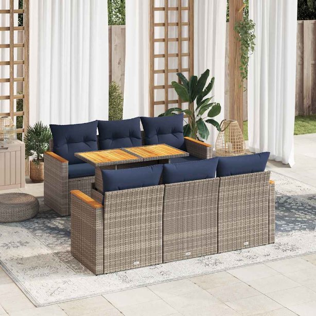 7-tlg. Garten-Sofagarnitur mit Kissen Schwarz Poly Rattan