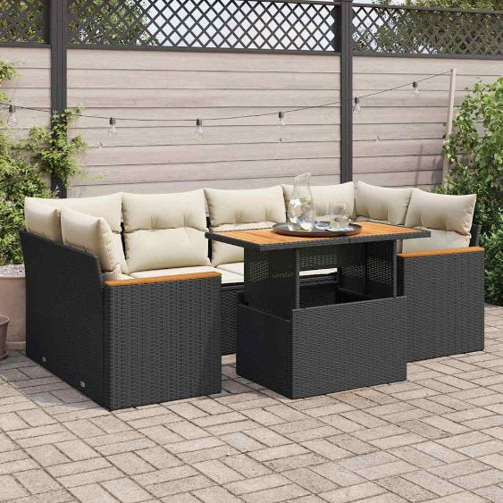 7-tlg. Garten-Sofagarnitur mit Kissen Schwarz Poly Rattan
