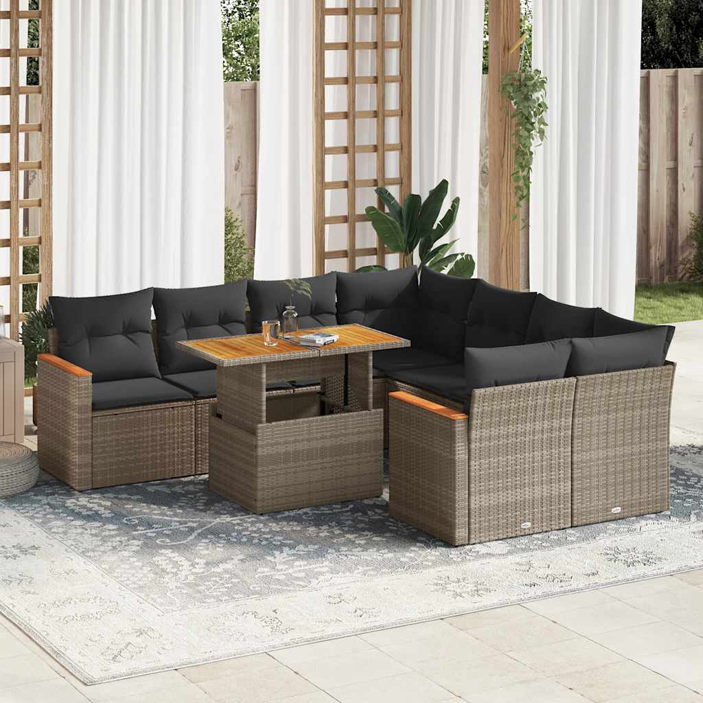 9-tlg. Garten-Sofagarnitur mit Kissen Schwarz Poly Rattan