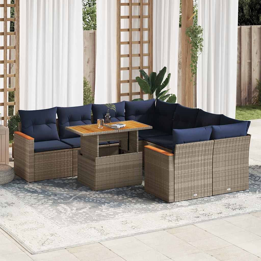 9-tlg. Garten-Sofagarnitur mit Kissen Schwarz Poly Rattan