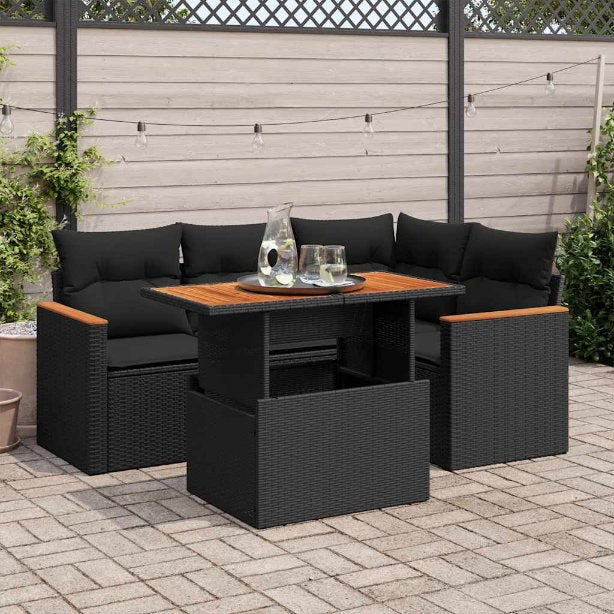 5-tlg. Garten-Sofagarnitur mit Kissen Schwarz Poly Rattan