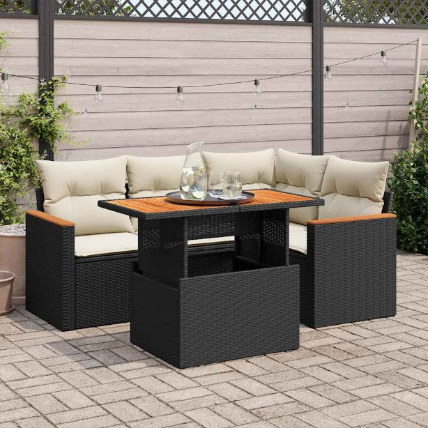 5-tlg. Garten-Sofagarnitur mit Kissen Schwarz Poly Rattan
