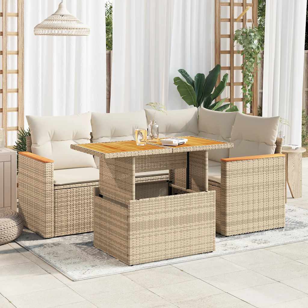 5-tlg. Garten-Sofagarnitur mit Kissen Schwarz Poly Rattan