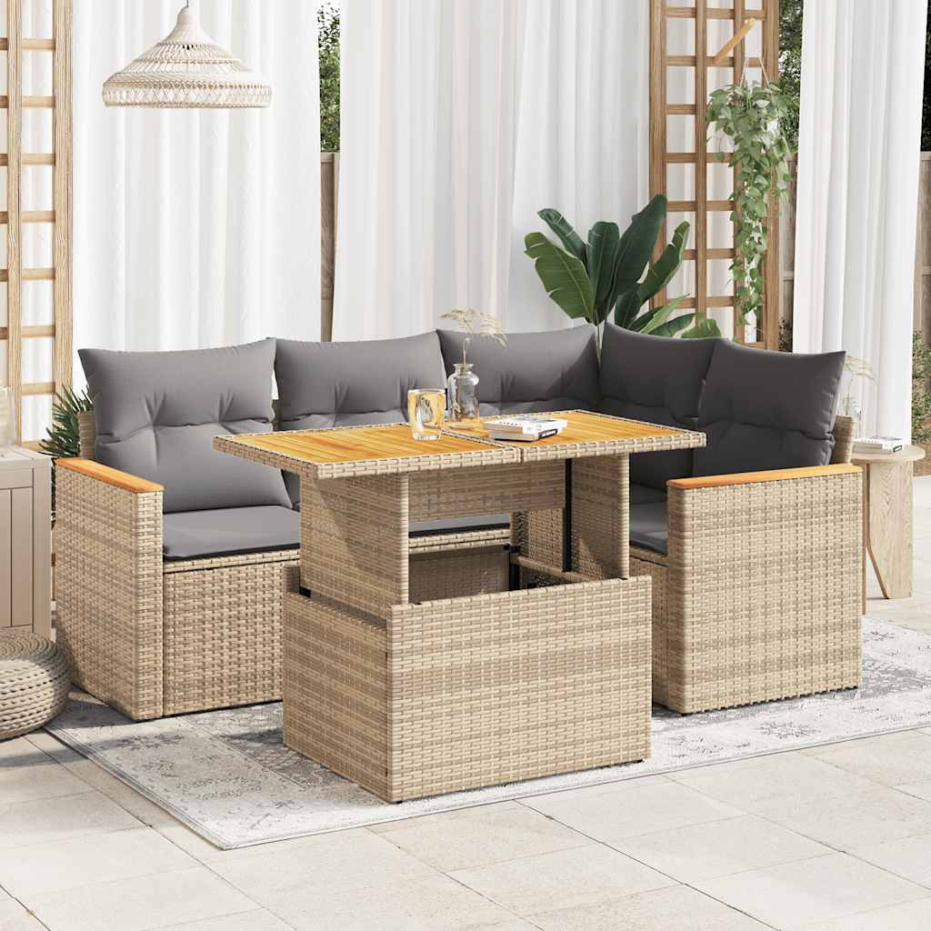 5-tlg. Garten-Sofagarnitur mit Kissen Schwarz Poly Rattan