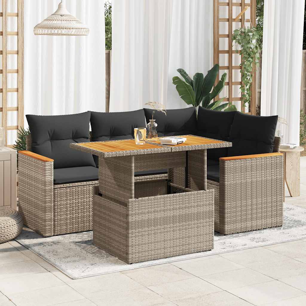 5-tlg. Garten-Sofagarnitur mit Kissen Schwarz Poly Rattan