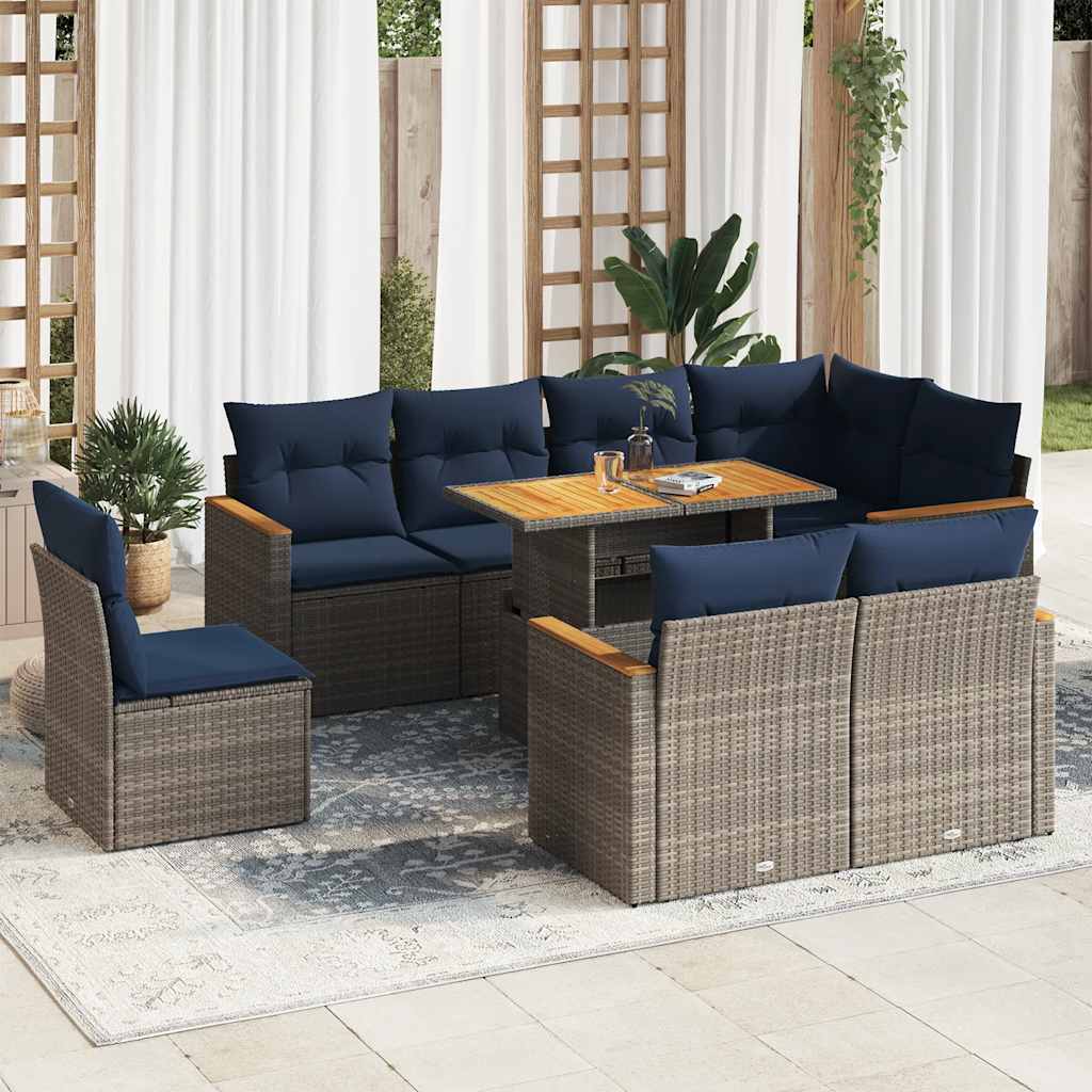 9-tlg. Garten-Sofagarnitur mit Kissen Schwarz Poly Rattan