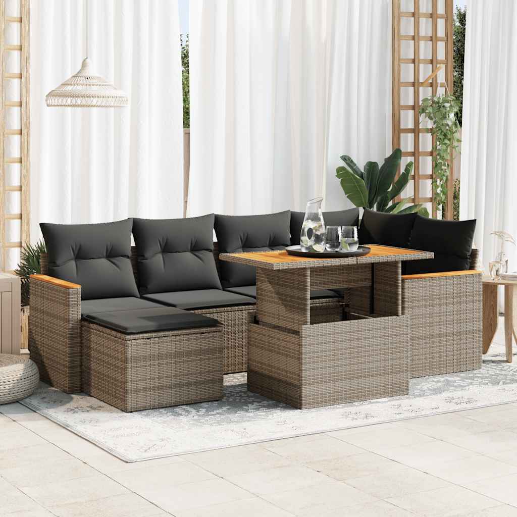 7-tlg. Garten-Sofagarnitur mit Kissen Schwarz Poly Rattan