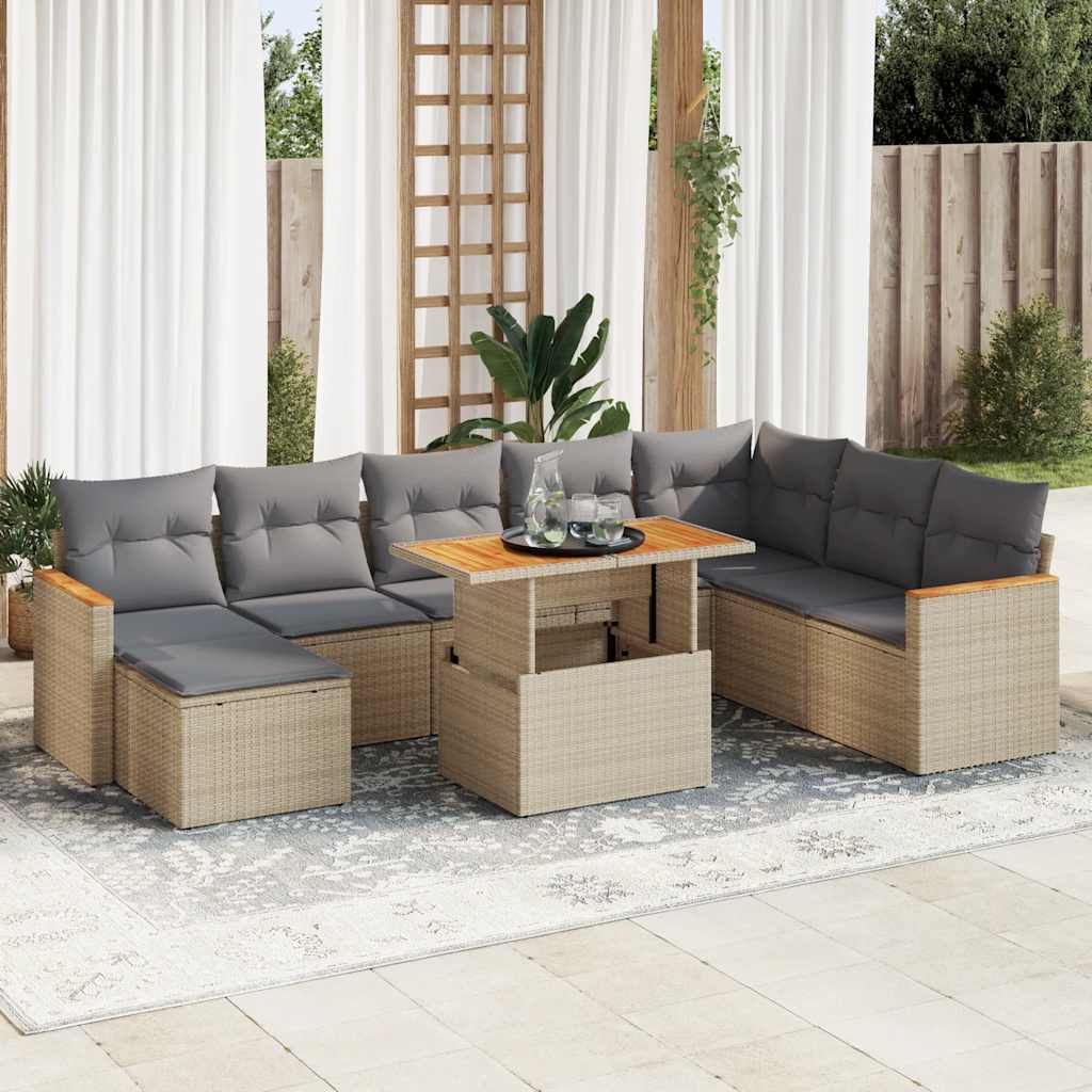 9-tlg. Garten-Sofagarnitur mit Kissen Schwarz Poly Rattan