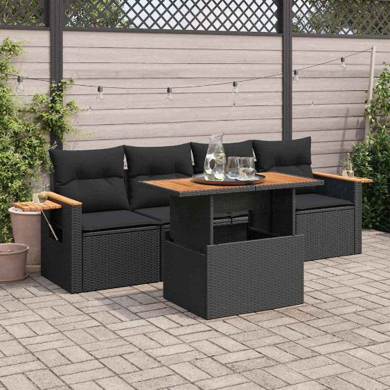 5-tlg. Garten-Sofagarnitur mit Kissen Schwarz Poly Rattan