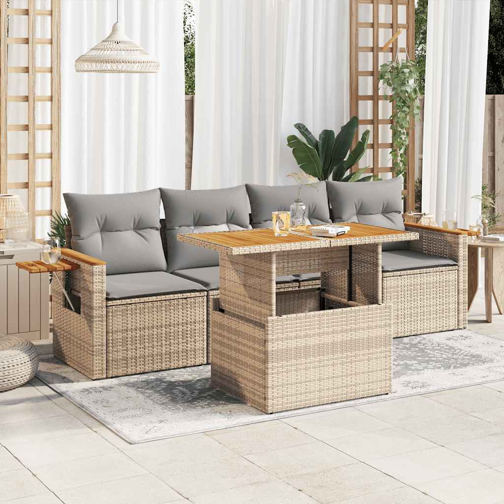 5-tlg. Garten-Sofagarnitur mit Kissen Schwarz Poly Rattan