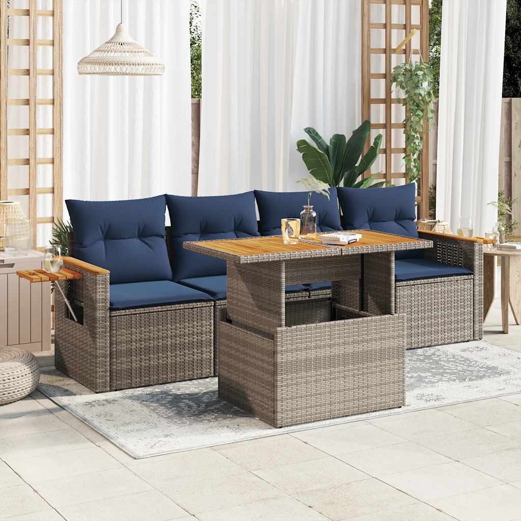 5-tlg. Garten-Sofagarnitur mit Kissen Schwarz Poly Rattan