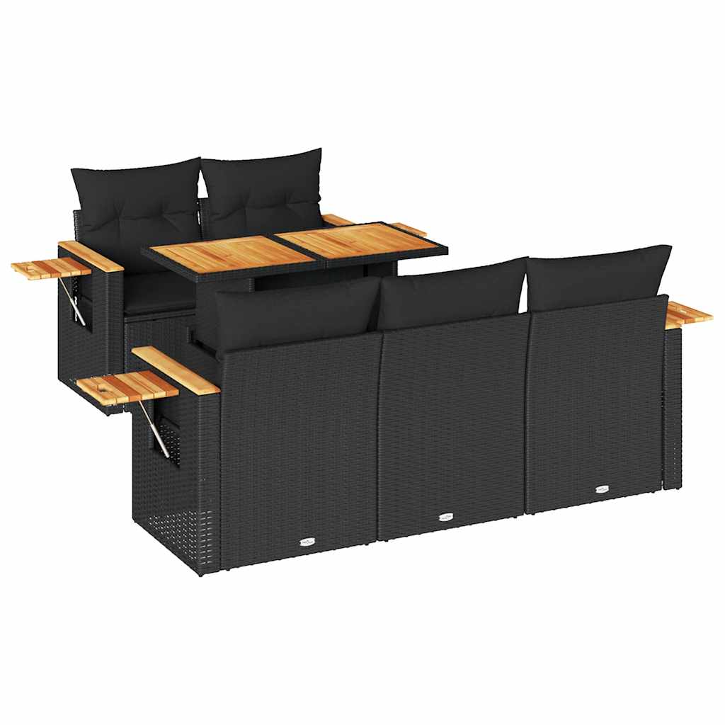 6-tlg. Garten-Sofagarnitur mit Kissen Schwarz Poly Rattan