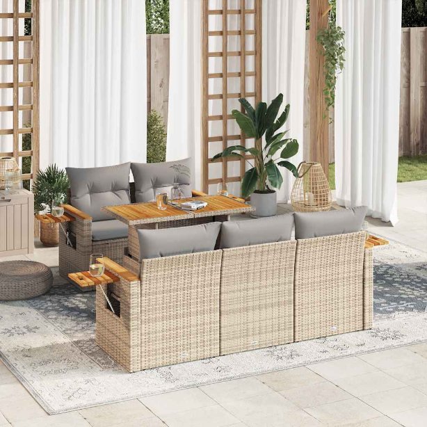 6-tlg. Garten-Sofagarnitur mit Kissen Schwarz Poly Rattan