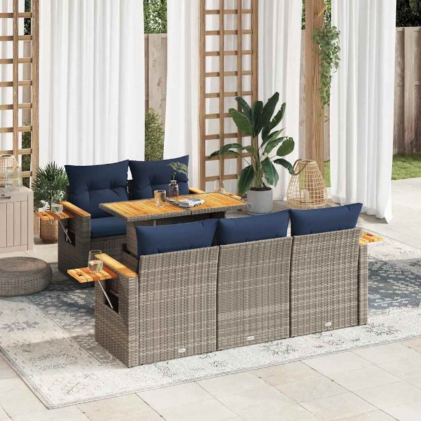 6-tlg. Garten-Sofagarnitur mit Kissen Schwarz Poly Rattan