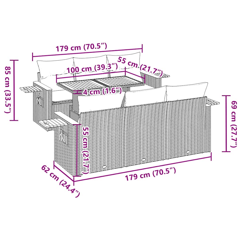 7-tlg. Garten-Sofagarnitur mit Kissen Schwarz Poly Rattan