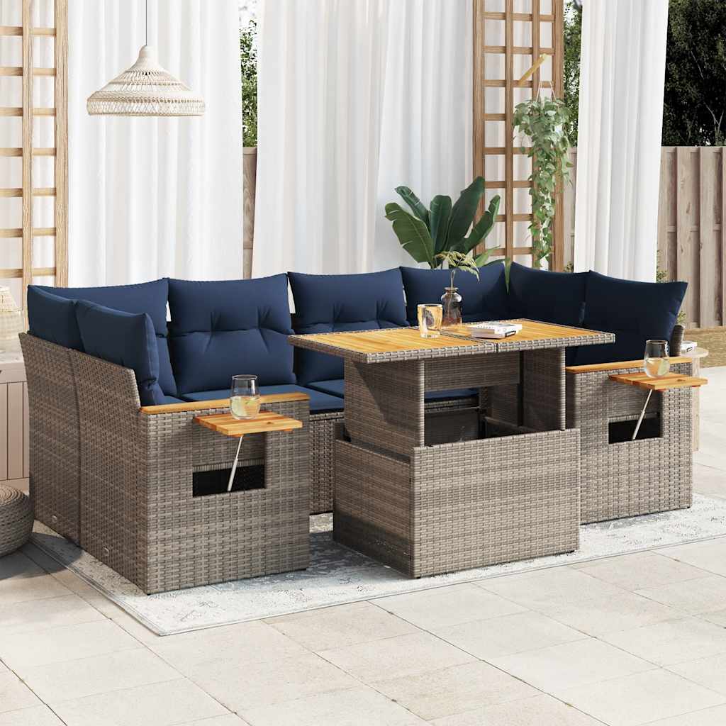 7-tlg. Garten-Sofagarnitur mit Kissen Schwarz Poly Rattan