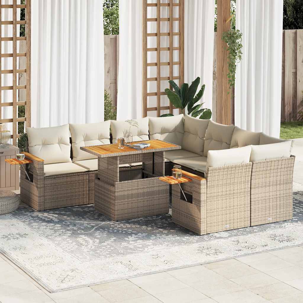9-tlg. Garten-Sofagarnitur mit Kissen Schwarz Poly Rattan