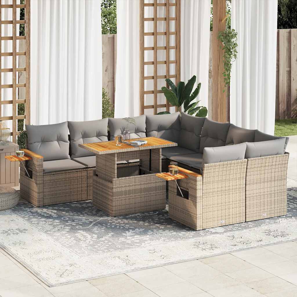 9-tlg. Garten-Sofagarnitur mit Kissen Schwarz Poly Rattan