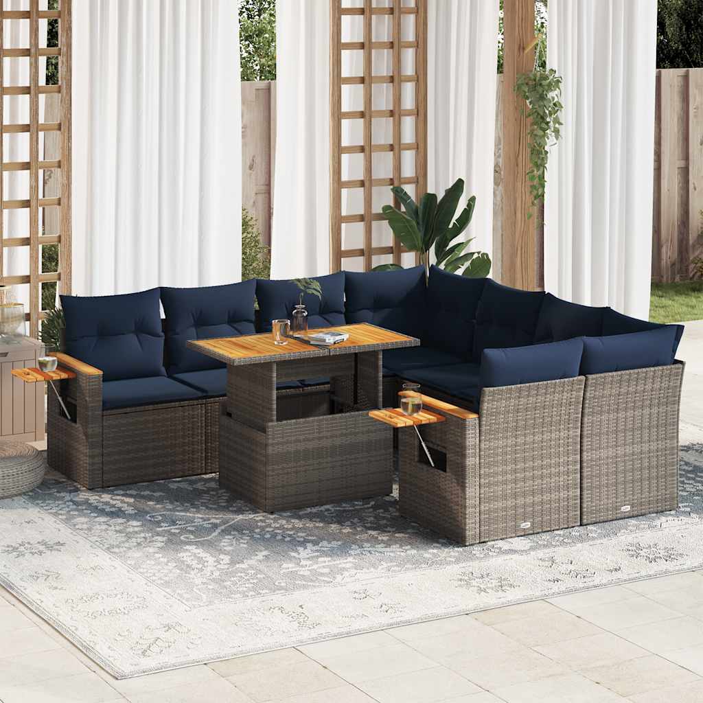 9-tlg. Garten-Sofagarnitur mit Kissen Schwarz Poly Rattan