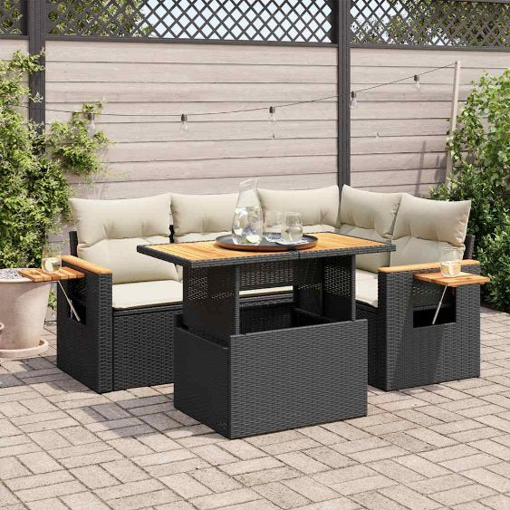 5-tlg. Garten-Sofagarnitur mit Kissen Schwarz Poly Rattan