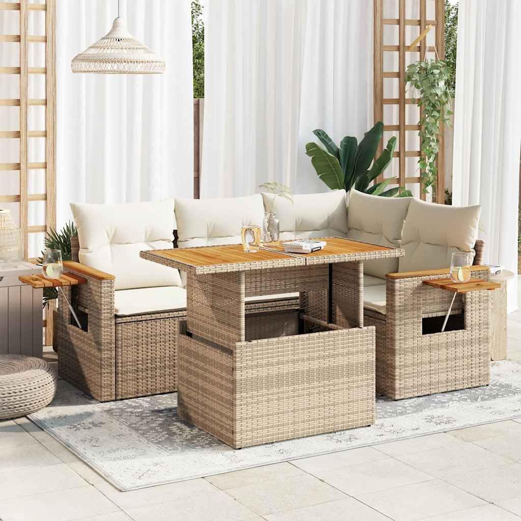 5-tlg. Garten-Sofagarnitur mit Kissen Schwarz Poly Rattan