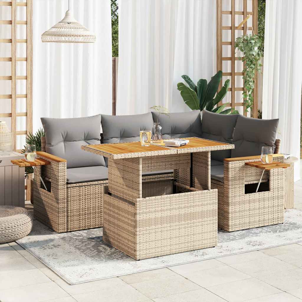 5-tlg. Garten-Sofagarnitur mit Kissen Schwarz Poly Rattan