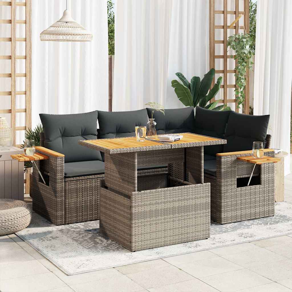 5-tlg. Garten-Sofagarnitur mit Kissen Schwarz Poly Rattan