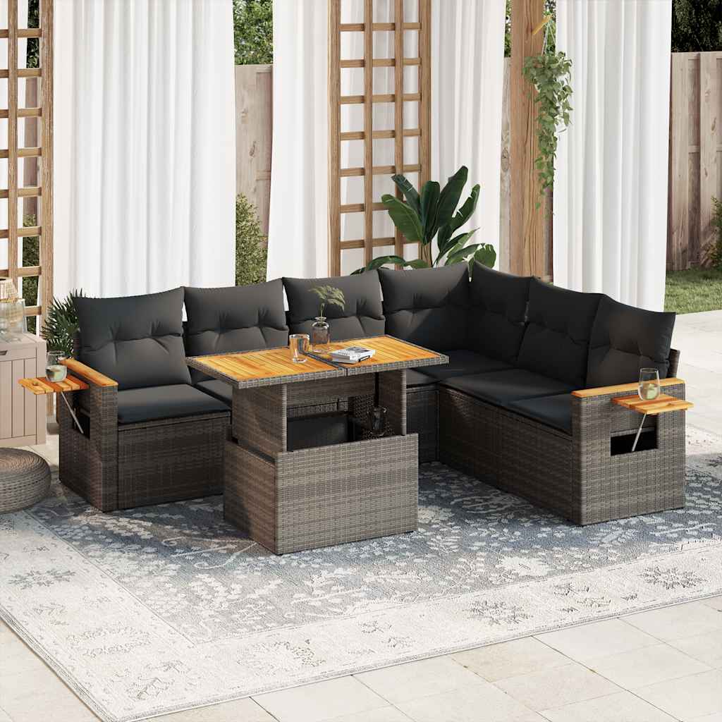 7-tlg. Garten-Sofagarnitur mit Kissen Schwarz Poly Rattan