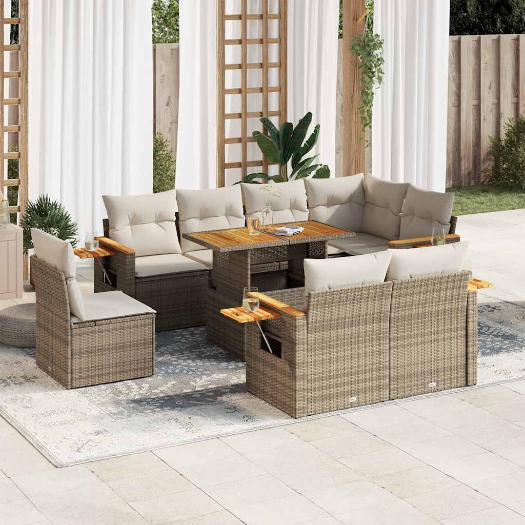 9-tlg. Garten-Sofagarnitur mit Kissen Schwarz Poly Rattan