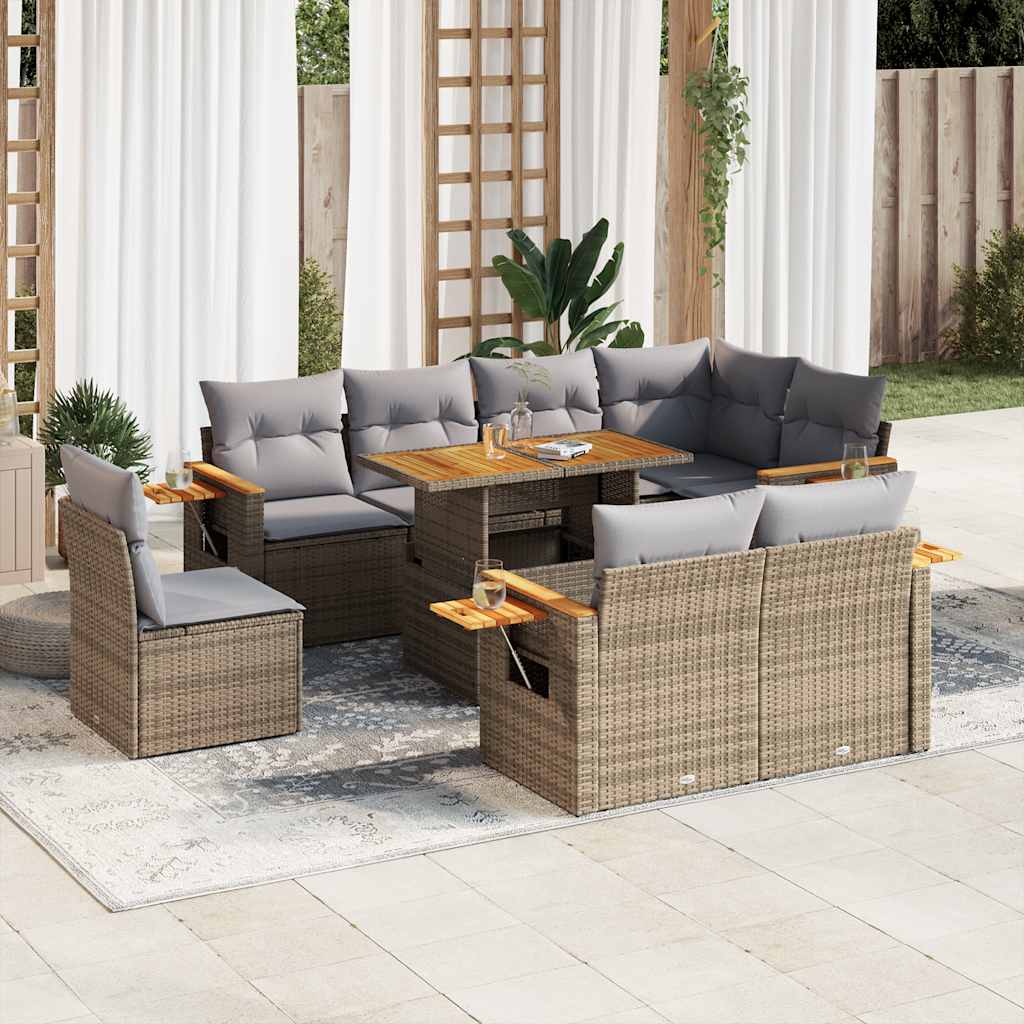 9-tlg. Garten-Sofagarnitur mit Kissen Schwarz Poly Rattan