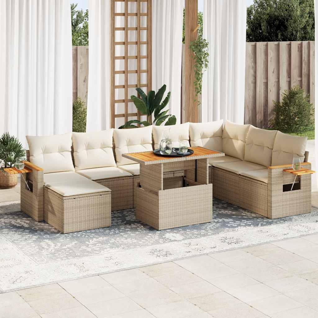 9-tlg. Garten-Sofagarnitur mit Kissen Schwarz Poly Rattan